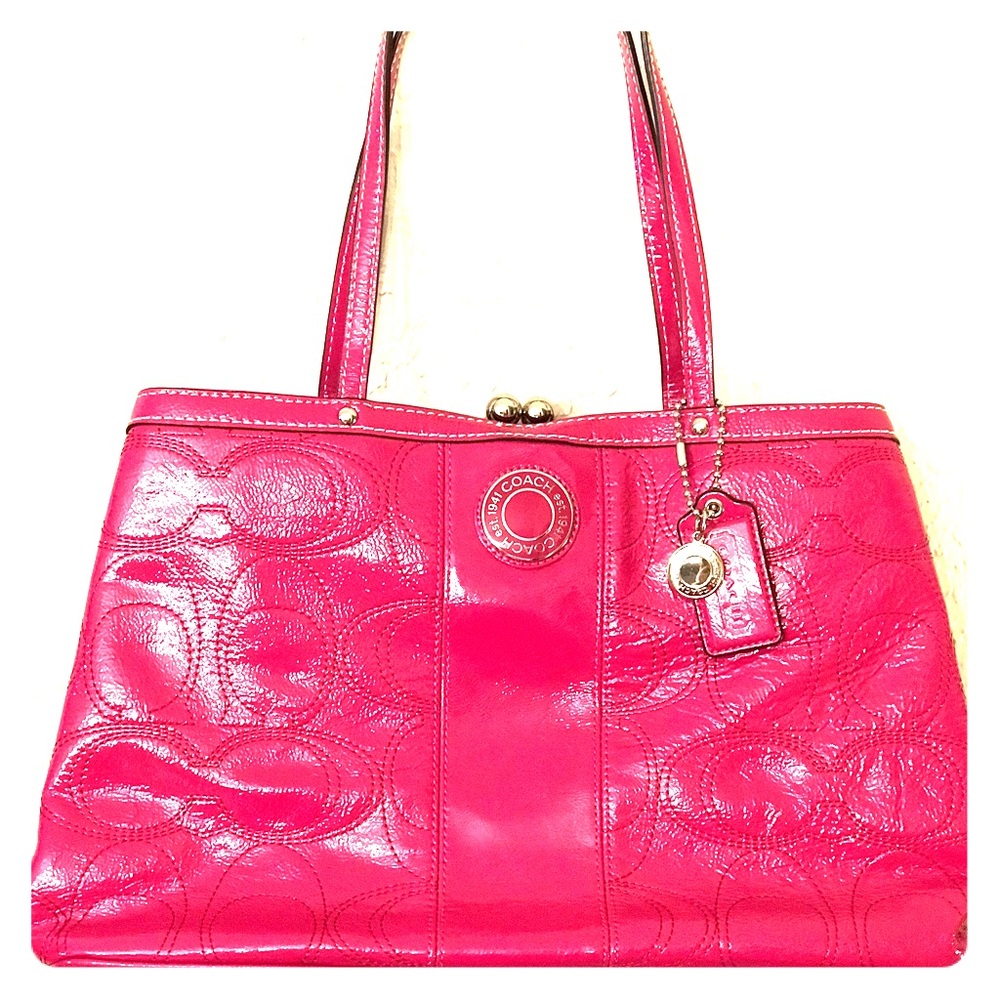 Coach Signature Stitched C Logo Magenta satchel.